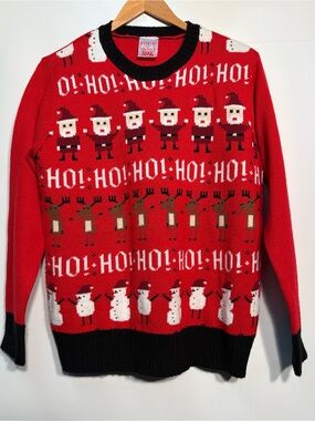 Ugly Christmas Sweater Red Crewneck with Black Trim and Holiday Motifs